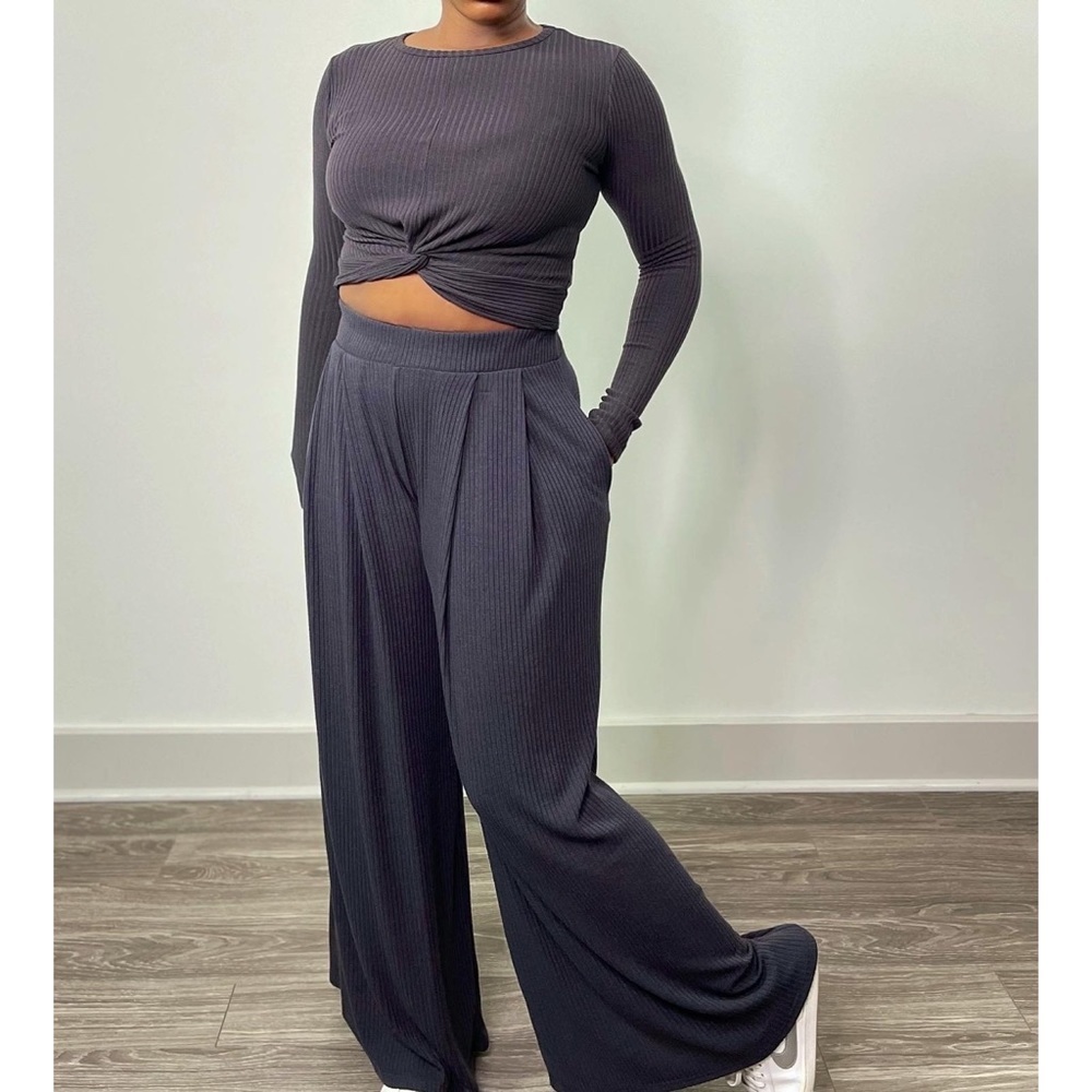 NWT By Together Ribbed 2PC Lounge Set Twist Crop Top Wide Leg Pants Gray